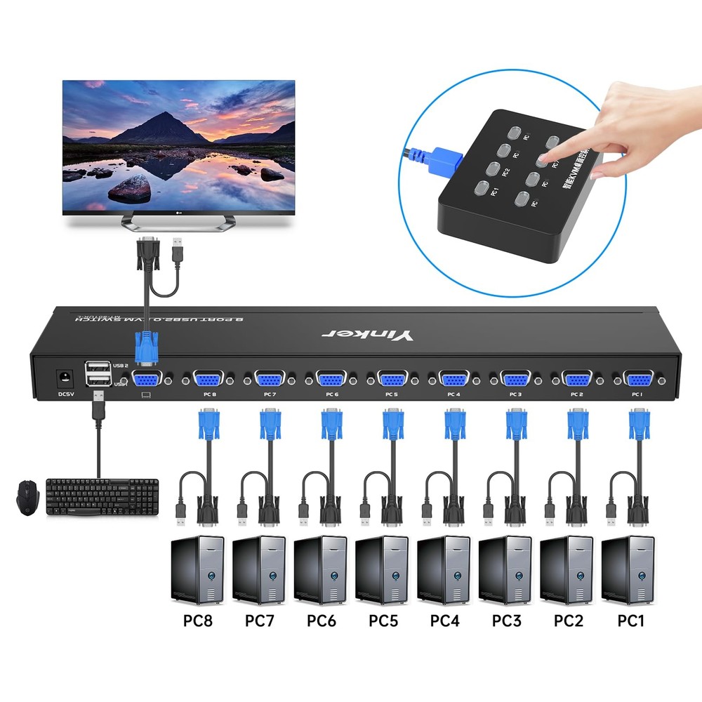 Yinker VGA KVM 8 Port Rackmount Switch + 8 KVM Cables + 4 USB Hubs + Wired De...