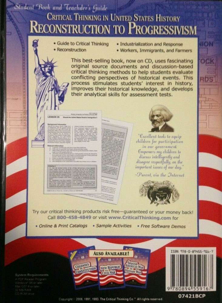 Reconstruction to Progressivism: Critical Thinking in Us History, CD-Rom, 6-12+