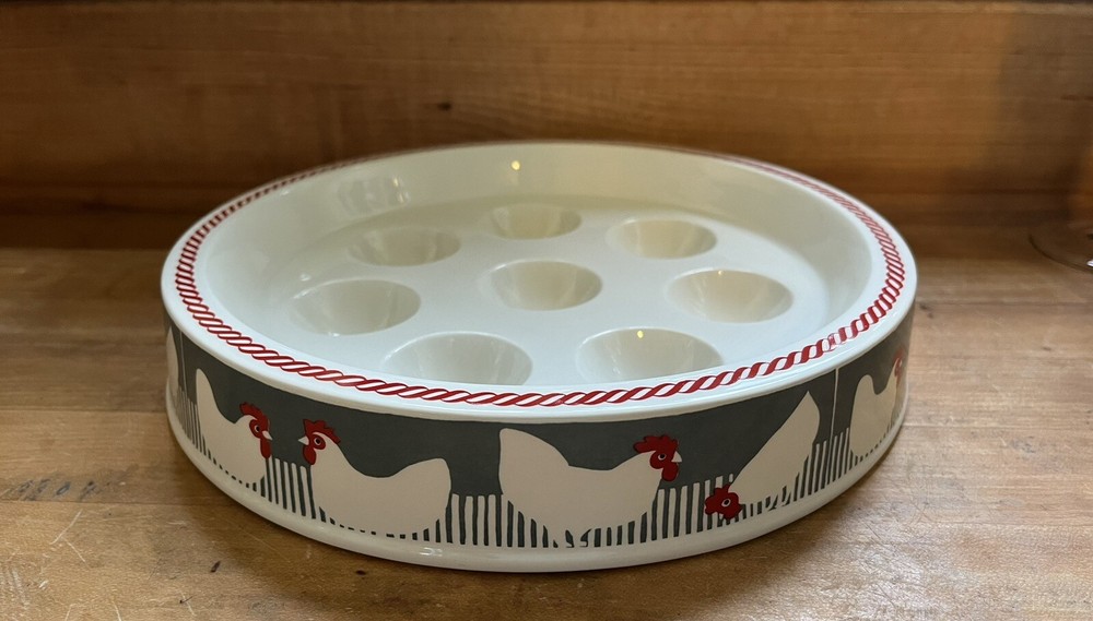 Ceramic 8 Egg Holder Cottagecore Chicken Design 9 1/2" Round Red Gray Never Used