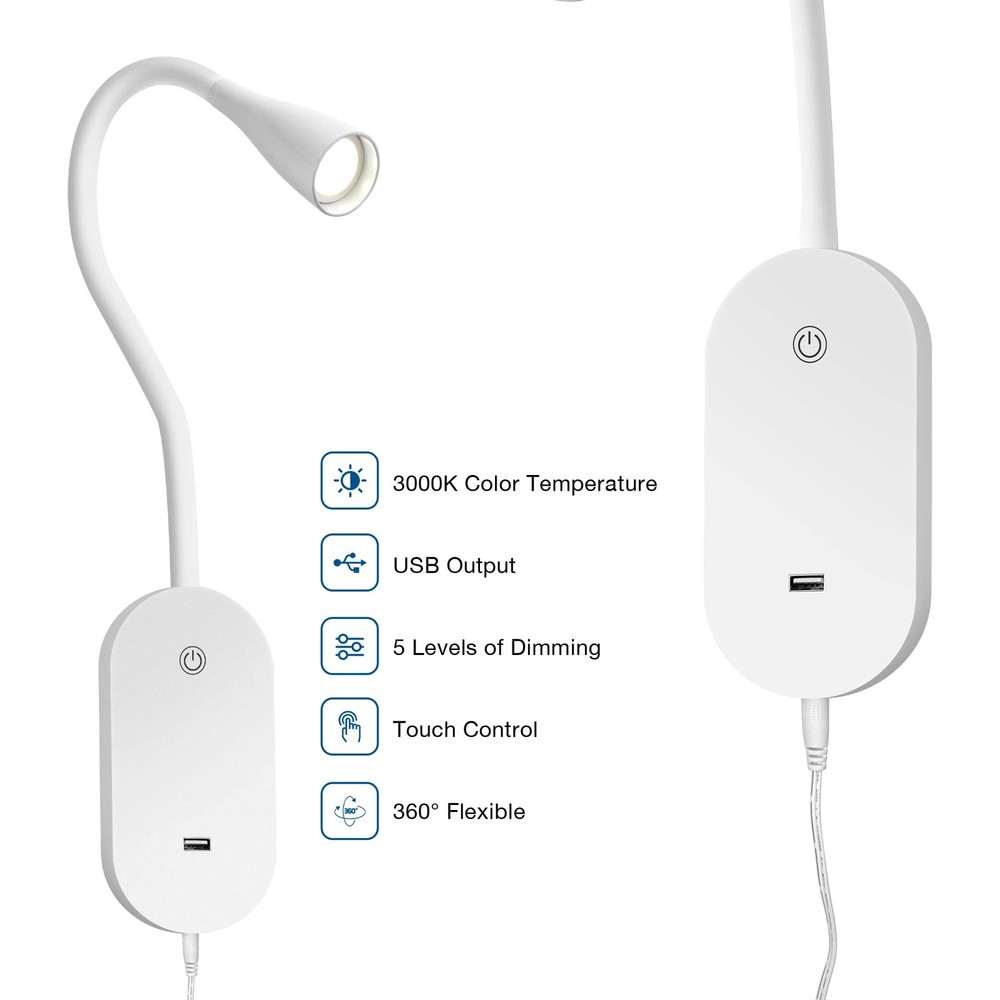 Wall Reading Light for Books in Bed USB Output 5 Dimmable Touch Control