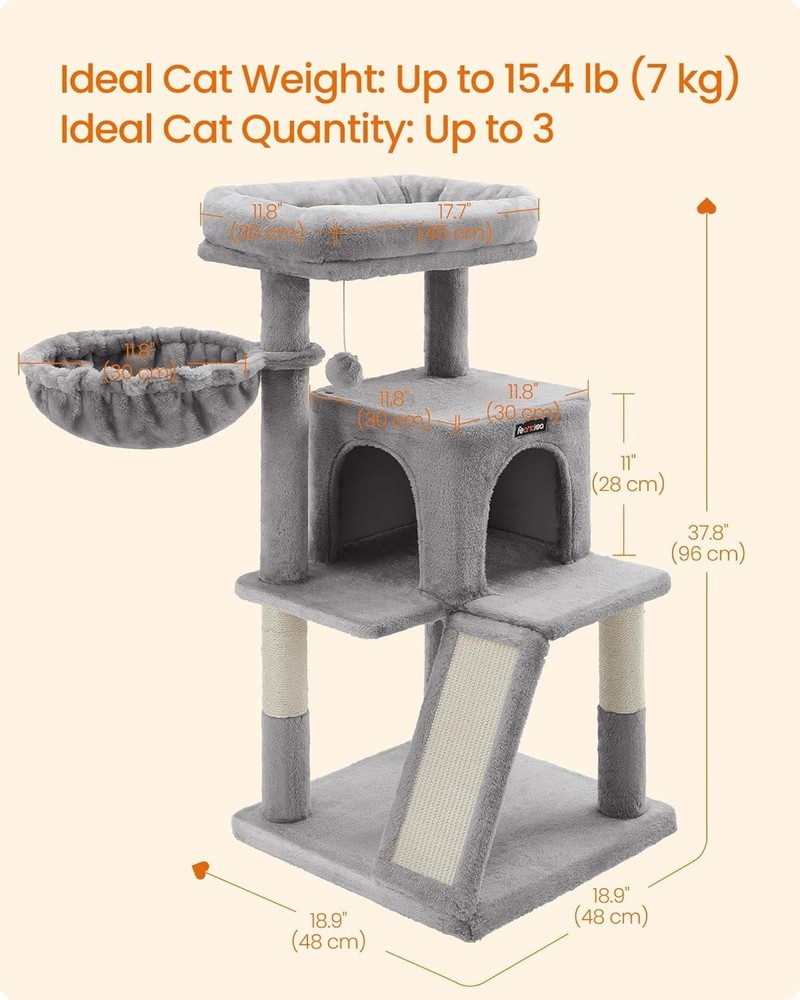 Cat Tree Multi-Level Condo Light Gray 37.8-Inch Climbing Scratching Posts