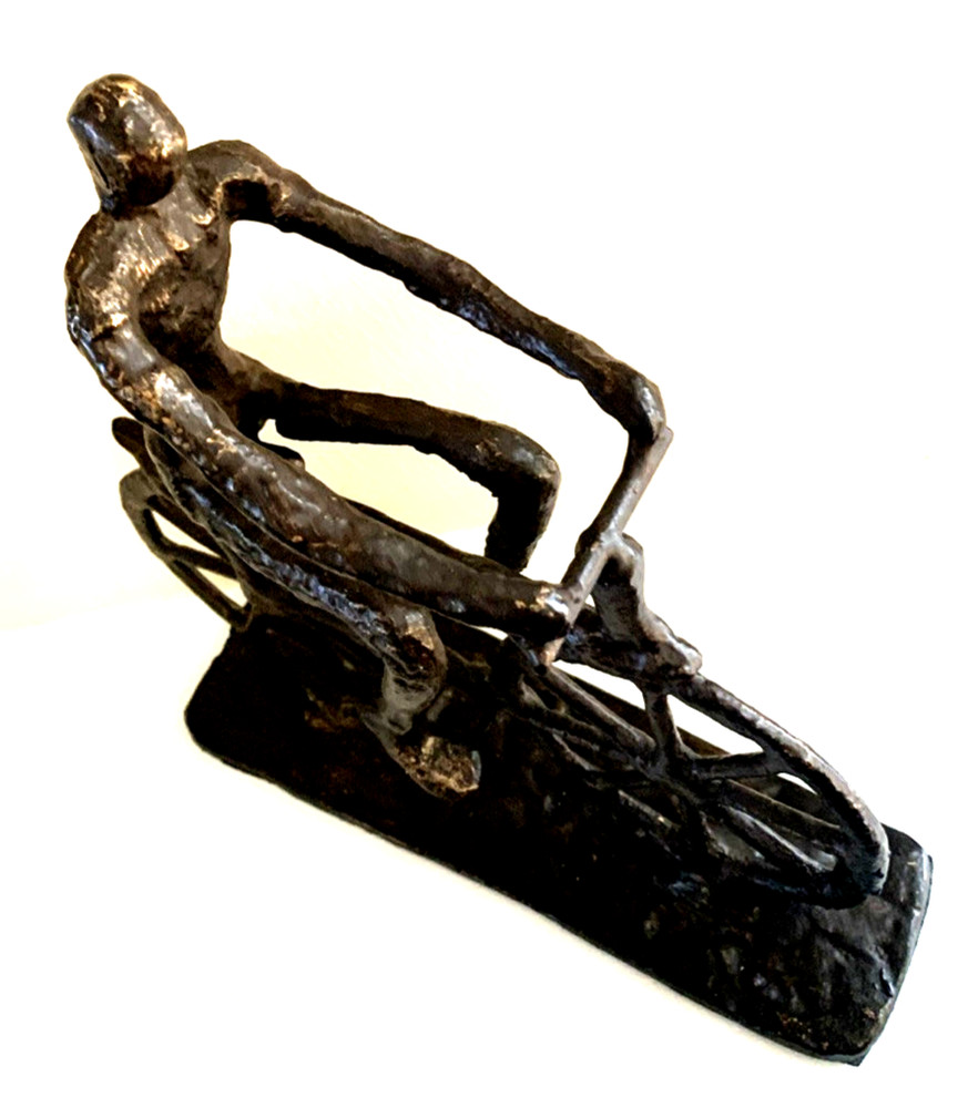 Brutalist Cast Iron Cyclist Figure Bicycle Sculpture • Statement Art Piece 9" A+