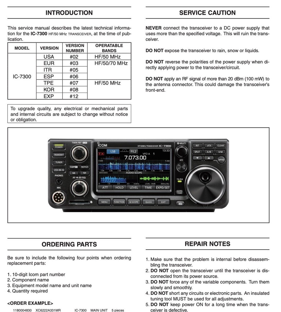 Icom IC-7300 INSTRUCTION & SERVICE MANUALS ON CDROM