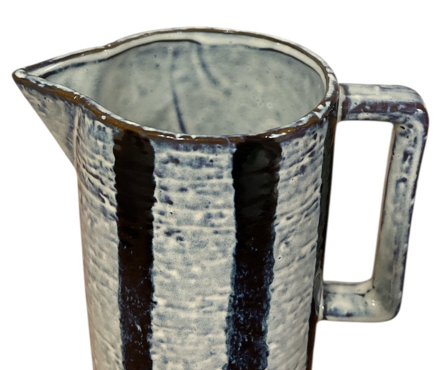Mud Pie Pitcher 9" Blue Gray Stripe Ceramic Reactive Glaze Rustic Boho Farmhouse