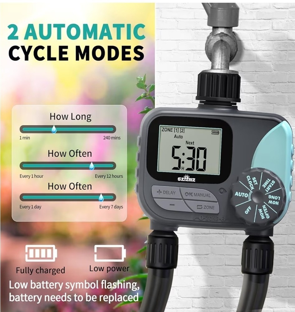 Water Timer for Garden Hose Programmable, 2 Zone Sprinkler Timer with Rain Delay