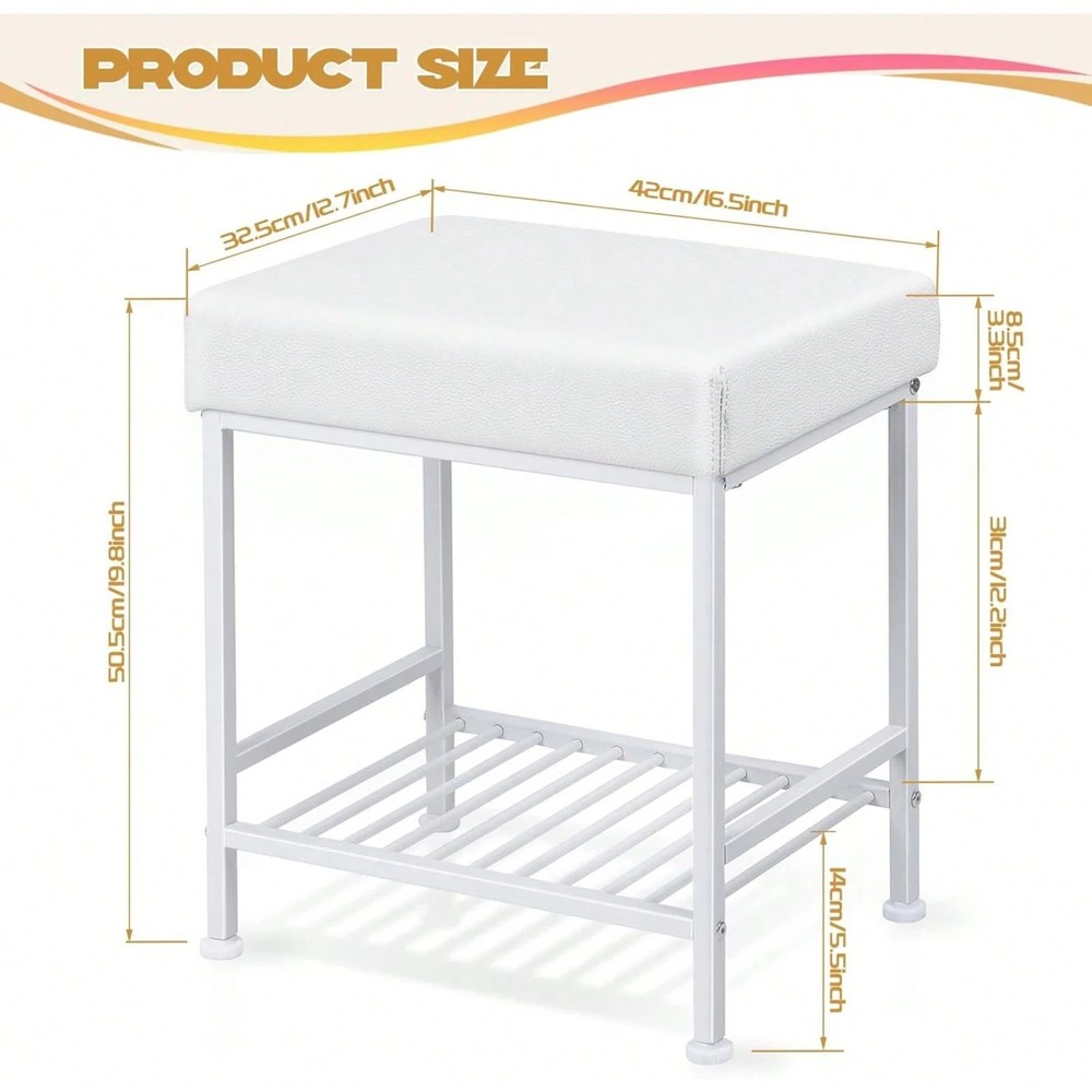 Storage Vanity Stool - Adjustable Square Ottoman With Leather, White