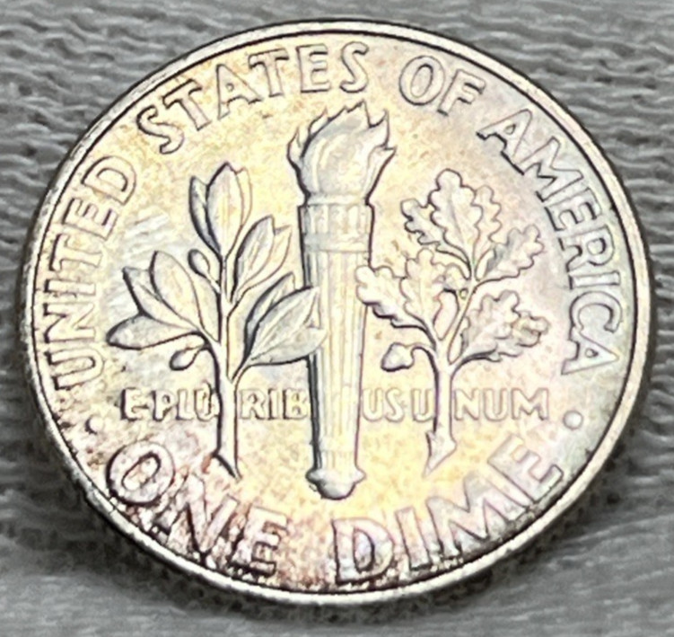 1947 Roosevelt Silver Dime Rainbow Toning Both Sides Uncirculated #3