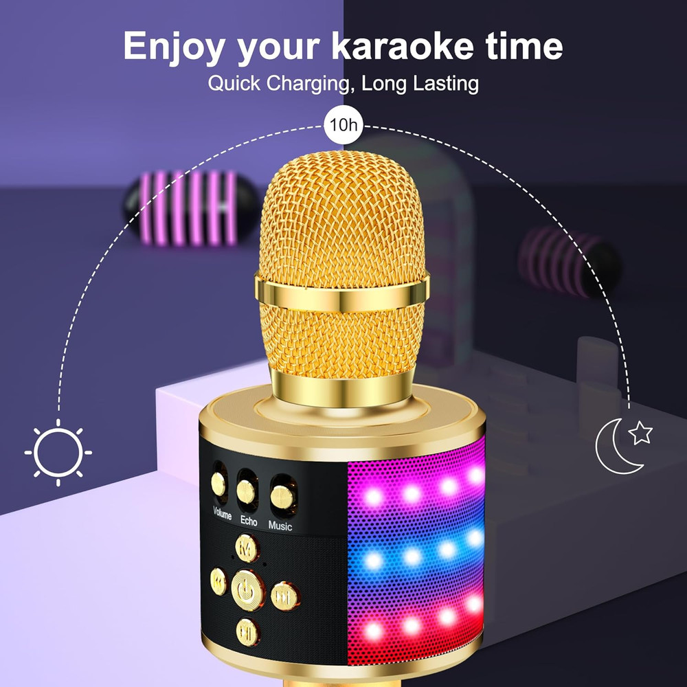 Bluetooth Karaoke Microphone with Disco Lights and Echo Effect - Gold Q78