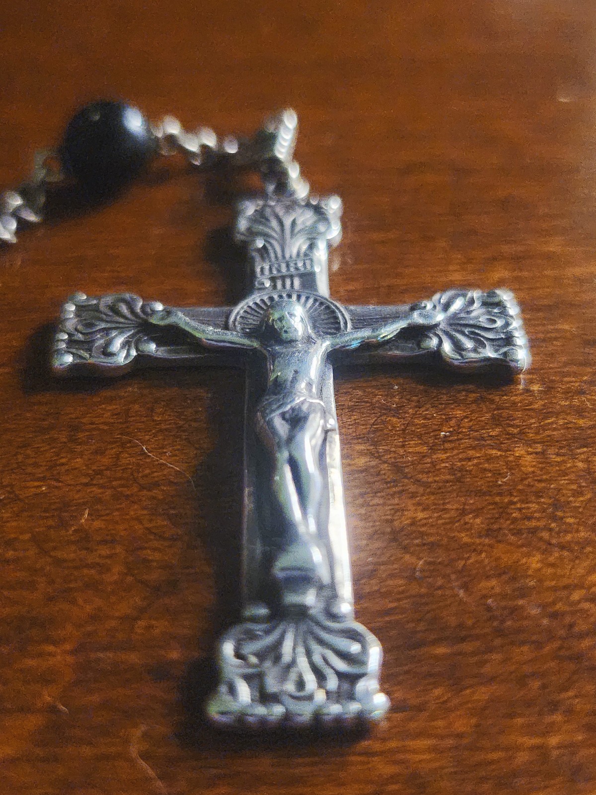 Vintage Sterling Silver Celluloid Bead Rosary & Vtg Red Moroccan Blown Glass Box