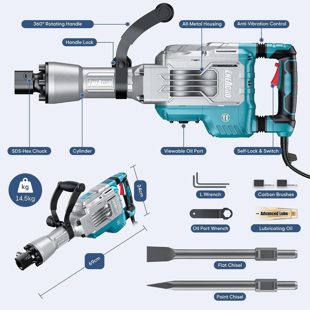 1700W Electric Jack Hammer with 360° Handle & Versatile Tool Kit in Rolling Case