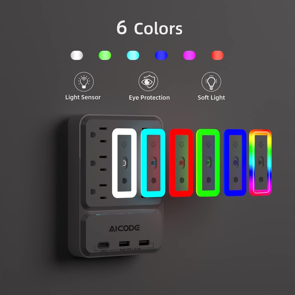 Outlet Extender with USB C, AICODE Multi Outlet Surge Protector with Nightlig...