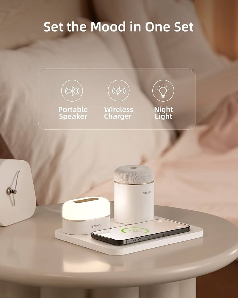 EZVALO Wireless Charging Station with LED Night Light Bluetooth Speaker