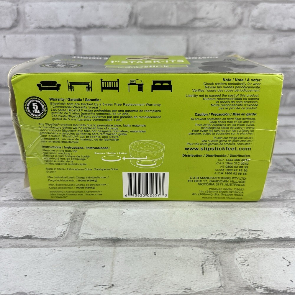 SlipStick StackIts Black Stackable Furniture Risers 8-Pack CB657 New Damaged Box