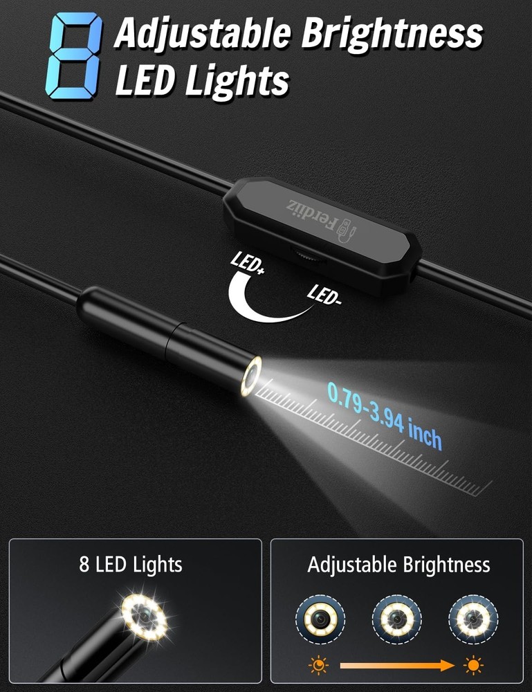 Endoscope Camera with Light, 1920P HD Borescope with 8 Adjustable LED Lights,...
