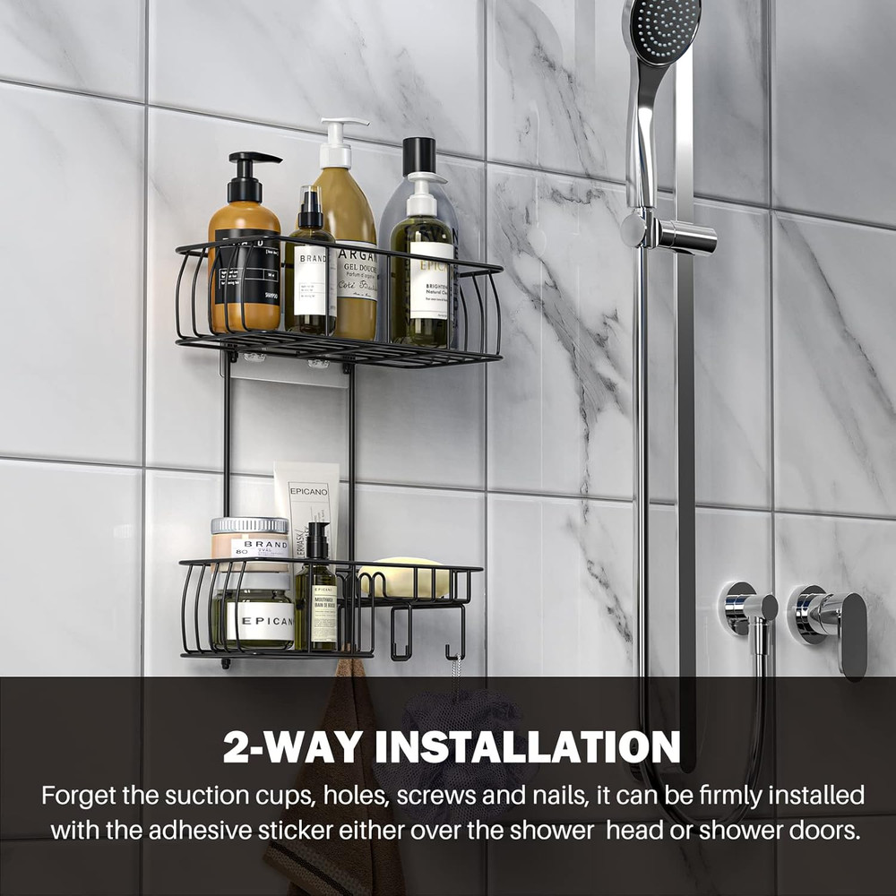 Epicano Overhead Shower Caddy Hanging Rustproof Hooks Towel Sponge Matte Black