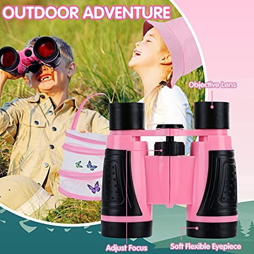Bug Catcher Kit for Kids, Bug Catching Kit with Binoculars, Magnifying Pink