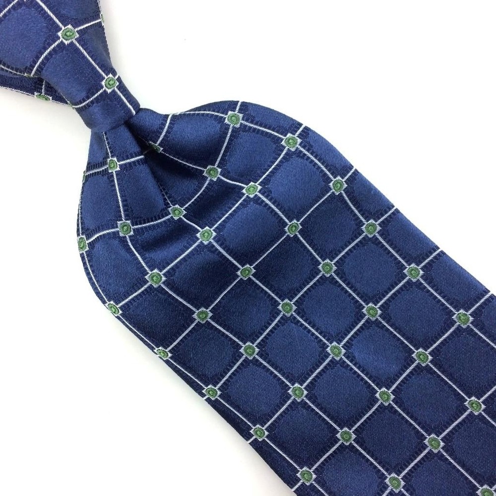 Saddlebred Tie Blue Green Silver Inter linked Squares Silk Necktie Woven #I23