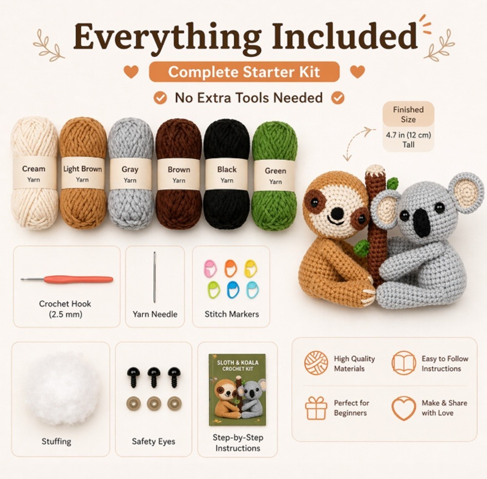 Sloth Koala Crochet Kit for Beginners Amigurumi DIY Set with Video Tutorial