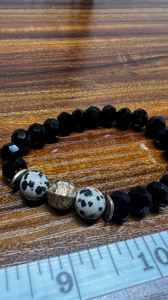 Black Crystal Dalmatian Stone Bead Stretch Bracelet (K23)