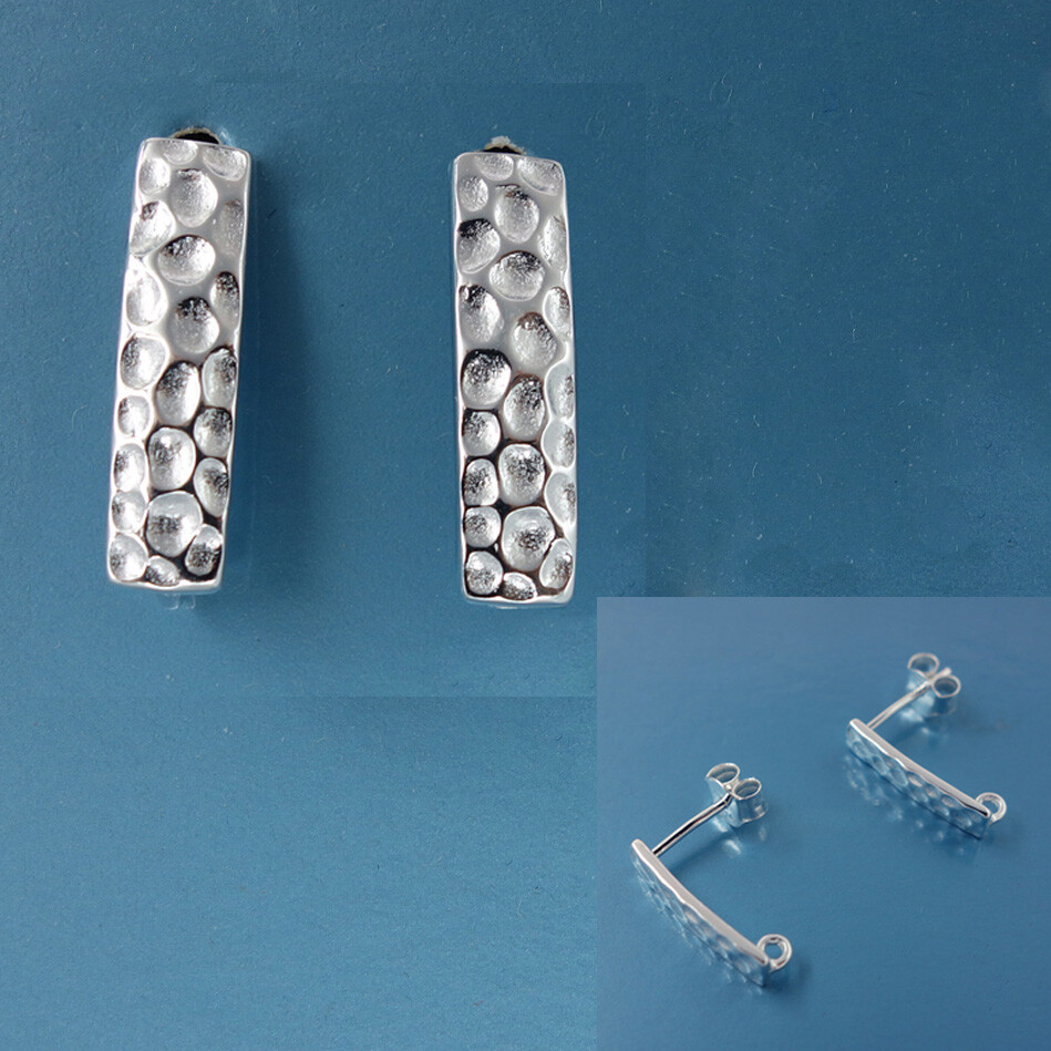 Solid Sterling Silver Rectangle Hammered Stud Post Earrings w/Clutches #33543
