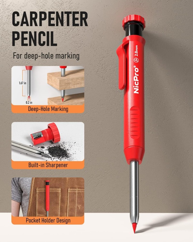 Ergonomic Carpenter Pencil with Sharpener & 13 Refills - Heavy Duty Precision...