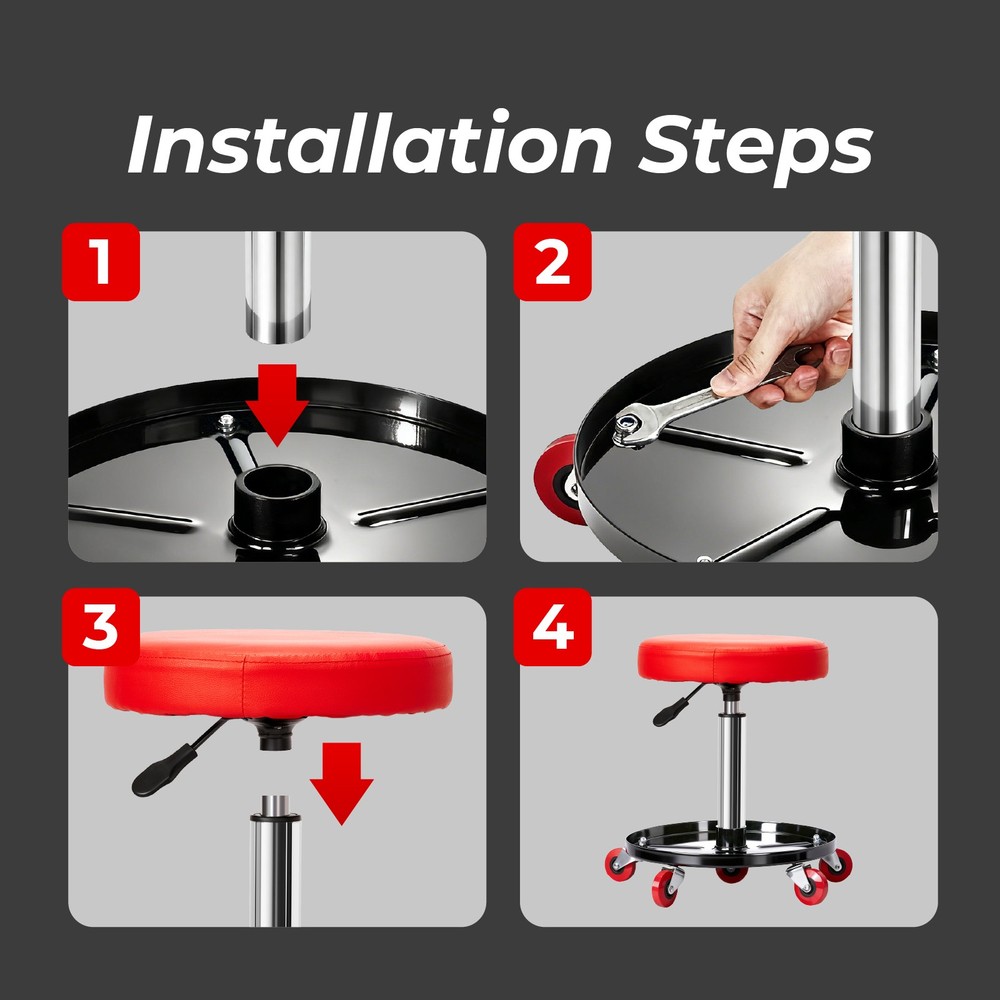Rolling Garage Stool Adjustable Height Mechanic Work Seat w/ Tool Tray Storage