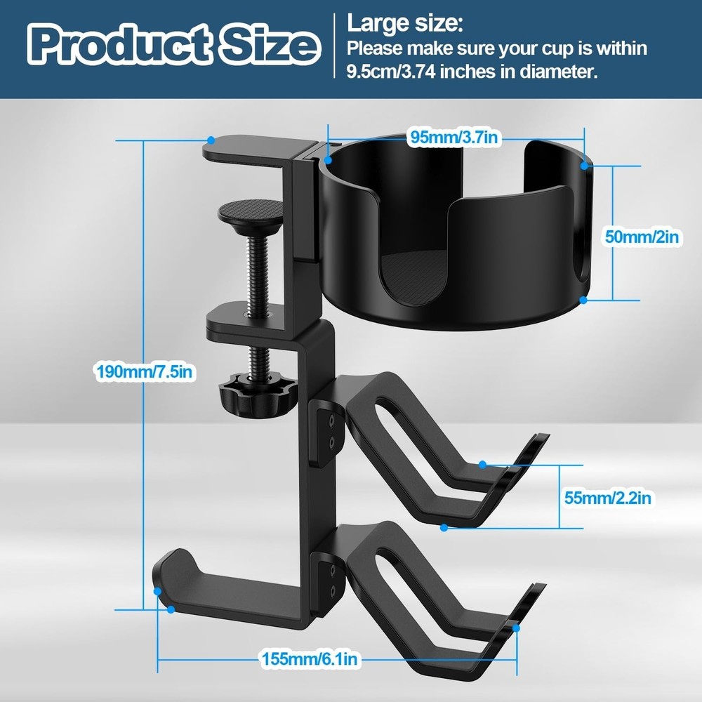 Universal Adjustable Cup Holder with Rotating Arm for Headphones & Controllers
