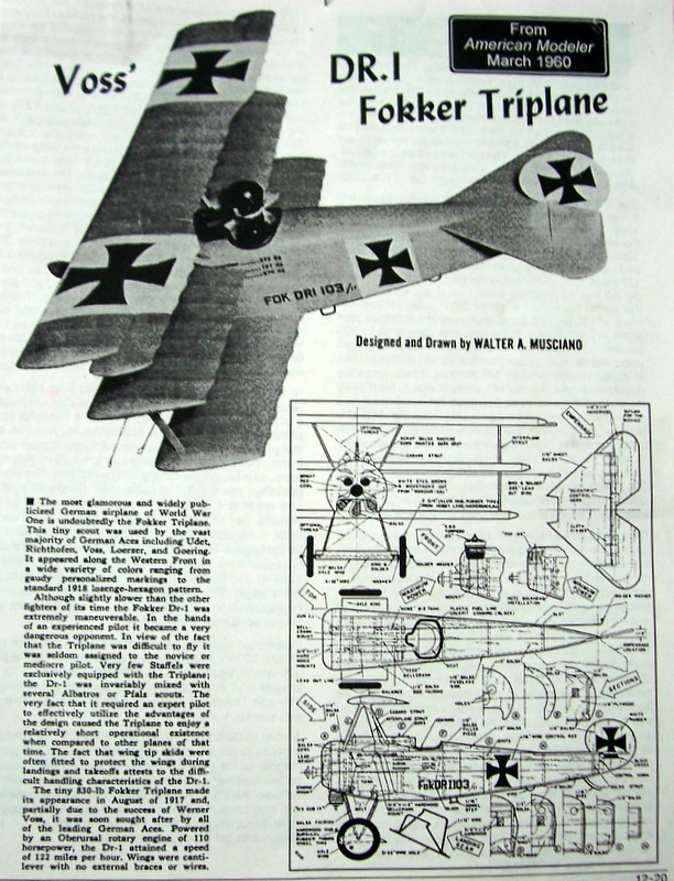 FOKKER DR-1 35" King-Size PLAN + CONSTRUCTION ARTICLE UC Scale Model Airplane
