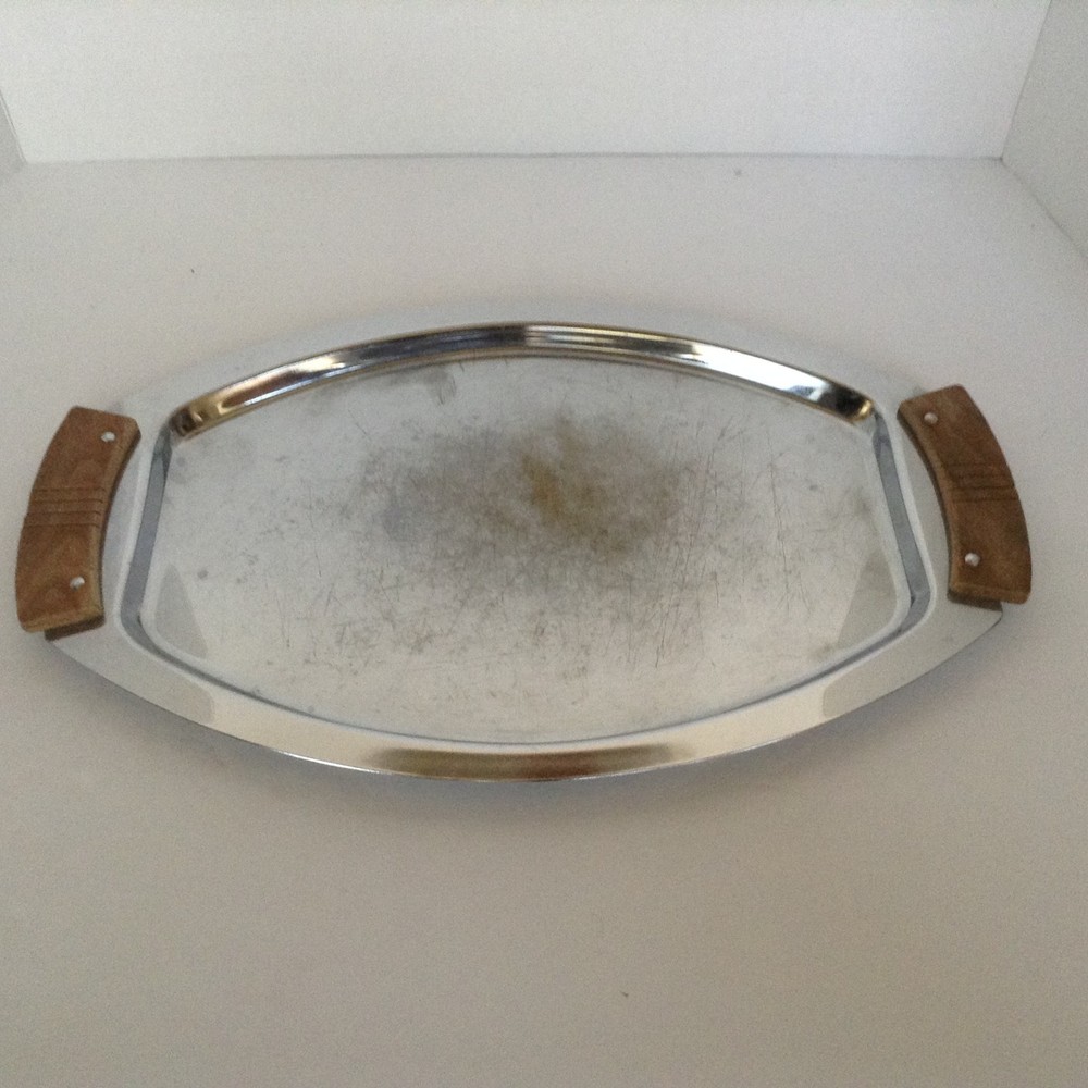 VTG MCM Stainless Kormax Tray w/Teak Handle MId Century Modern Oval Rectangular