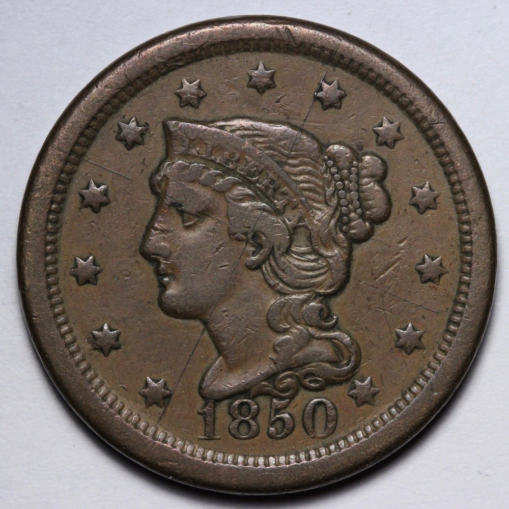 1850 Braided Hair Large Cent XF E146 UIEM