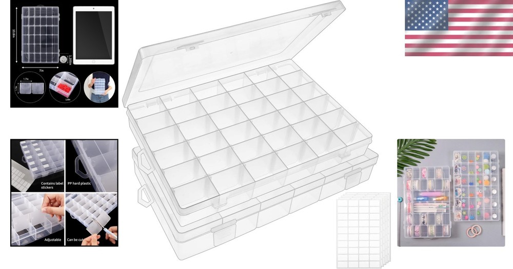2-Pack Clear Bead Organizer Box with 36 Adjustable Compartments for Crafts