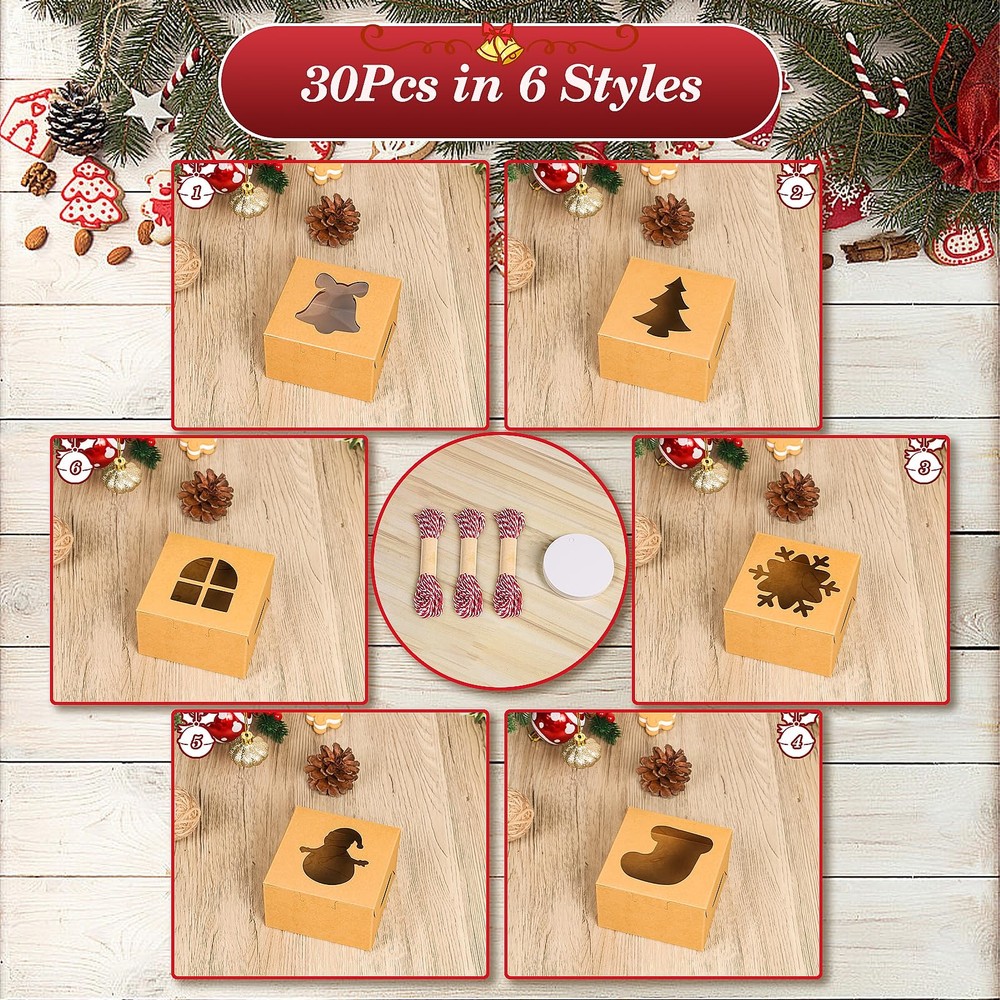 COTOPHER 30Pcs Christmas Cookie Boxes with Window, 4x4x2.5 inch -Brown -30pcs