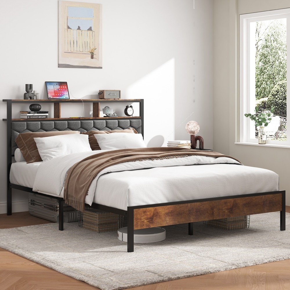 Full/Queen/King Size Bed Frame Metal Platform Bed with Headboard & USB Ports
