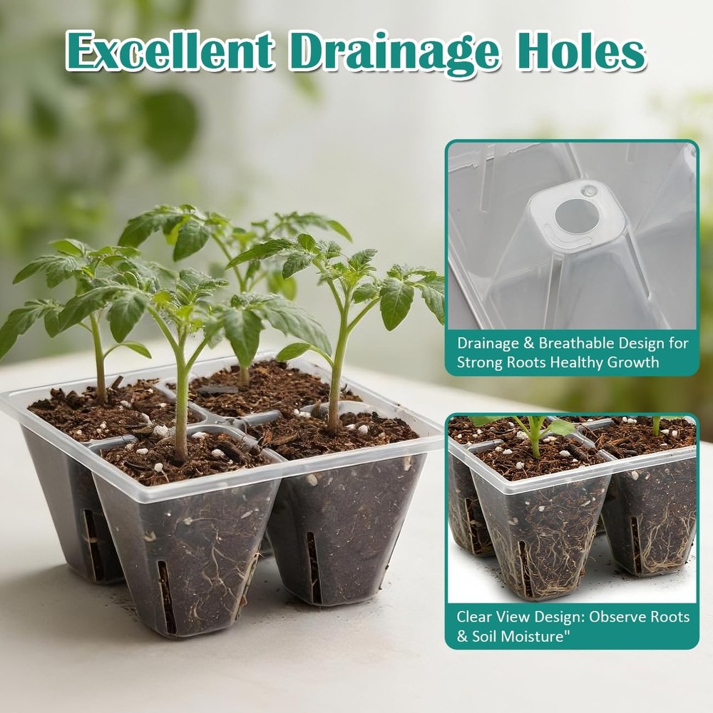 80 Pack Reusable 4-Cell Clear Seed Starter Trays - Extra Large Drainage Holes...