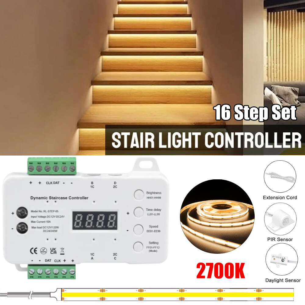 16 Steps LED Strip Light Stair Lighting Controller Motion Sensor System Full Set