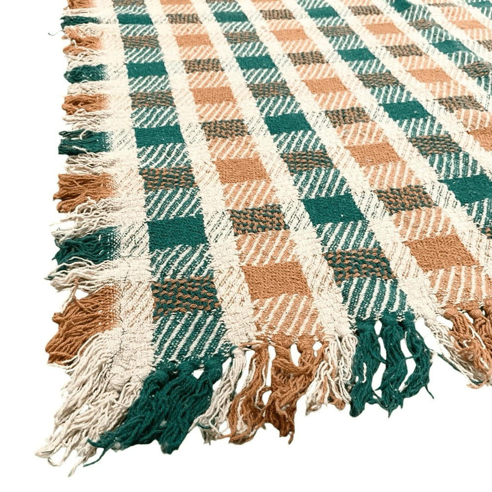 Boho Checkered Throw Blanket with Fringe in Blue and White
