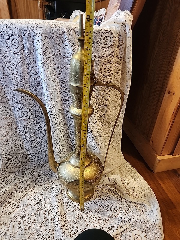 Large Etched Antique Middle Eastern Solid Brass Tea Coffee Pot Pitcher Vase 18IN