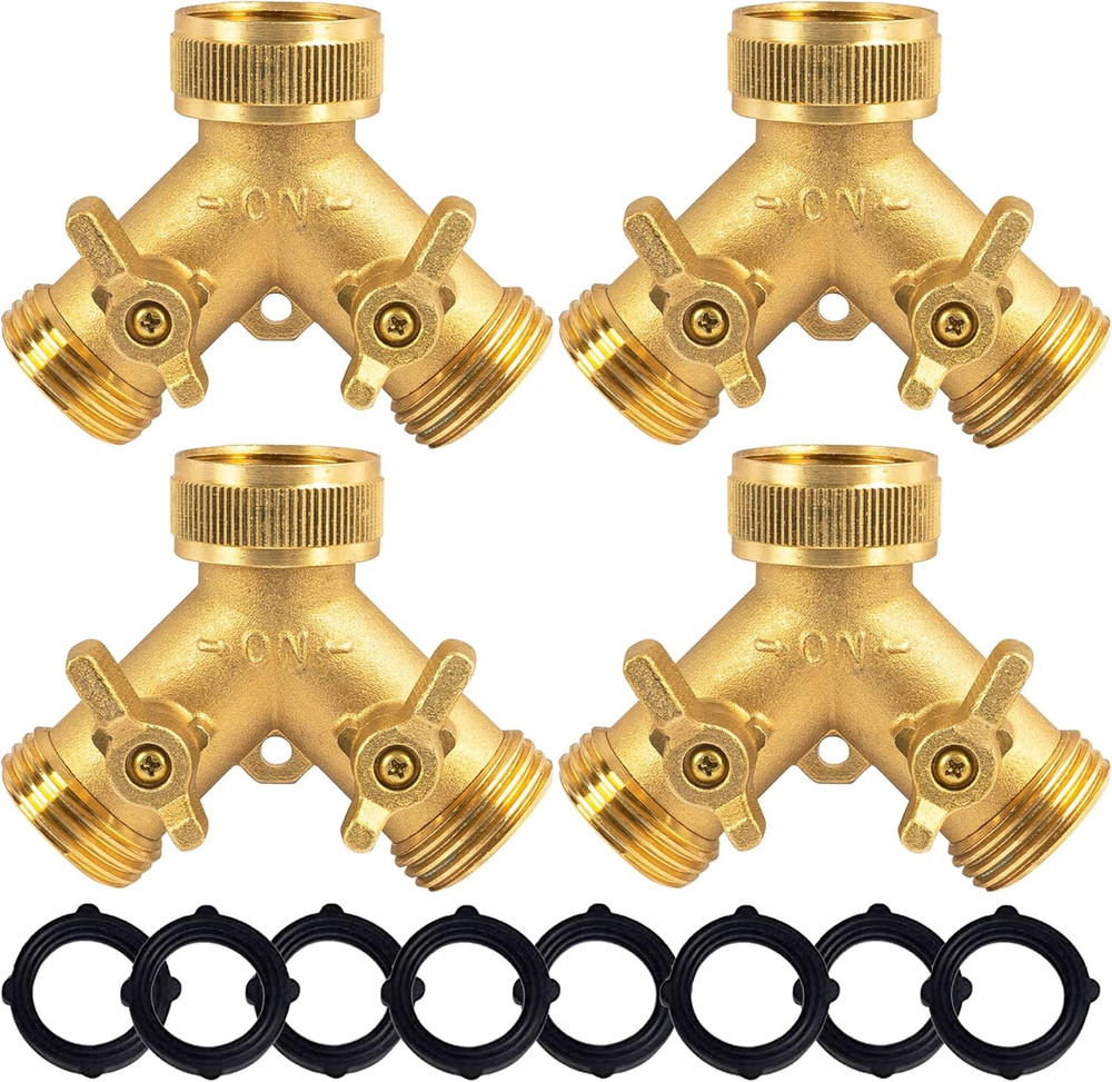 Solid Brass 2-Way Garden Hose Splitter with Extra Washers - 4 Pack