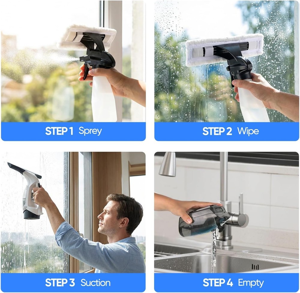 Cordless Window Vacuum Squeegee with Extension Pole Electric Window Cleaner Tool