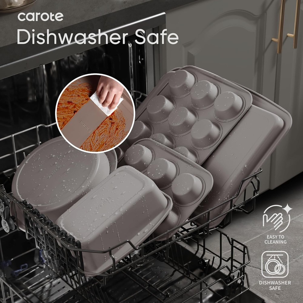 7-Piece Bakeware Sets Nonstick Stackable Baking Pans Set Cookie Sheets Khaki