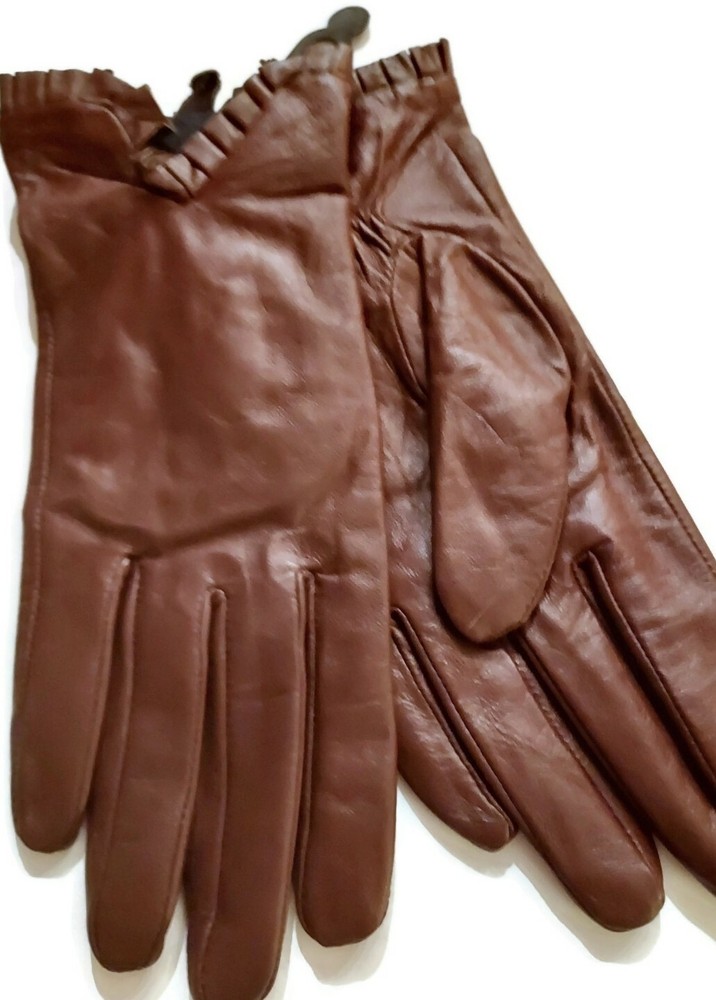Women's Ruffle Cuff Soft Leather Gloves Brown Size- Large