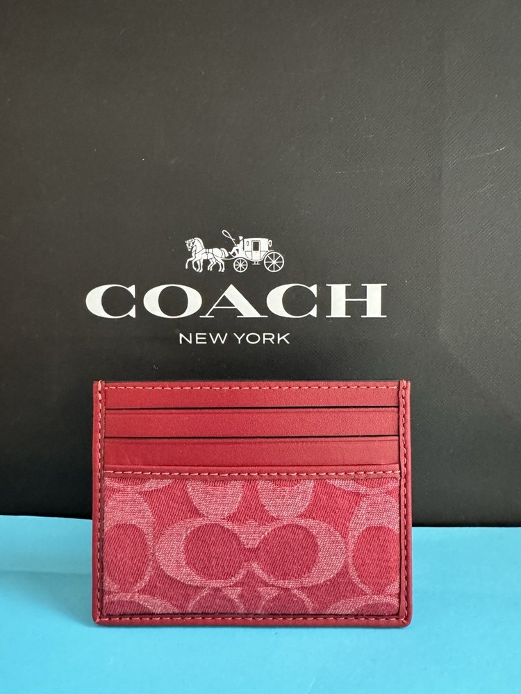 NWT Coach Slim Id Card Case In Signature Denim Ruby Red