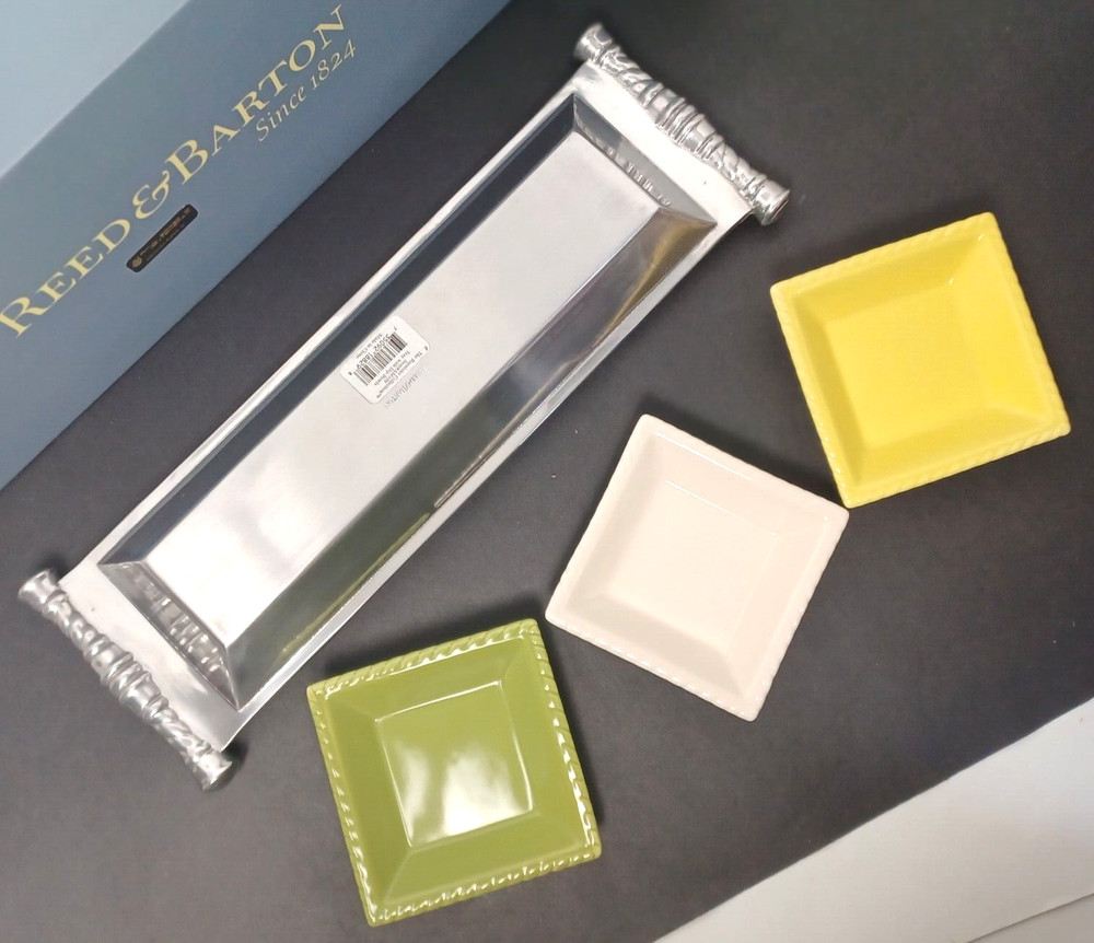 Reed & Barton Bannister Metal Rectangular Serving Tray with Ceramic Dishes 15.5"