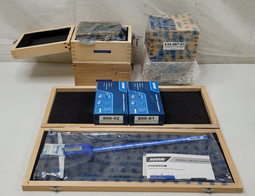 ACCUD DIGITAL DEPTH CALIPER, WIRELESS DATA TRANSFER SYSTEM, MAGNETIC V-BLOCK KIT