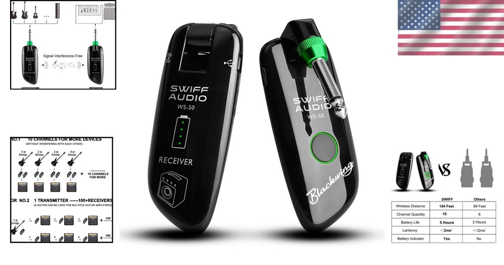 Rechargeable Wireless Guitar System 164ft Long Range UHF Transmitter Receiver