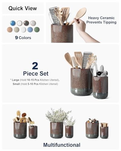 Ceramic Utensil Holder Set of 2 - Fluted Kitchen Counter Organizer, Olive Brown