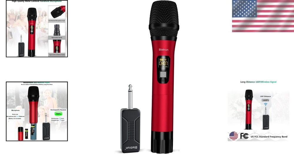 Professional Dynamic UHF Microphone - 160 Feet Range & Mute Function for Events