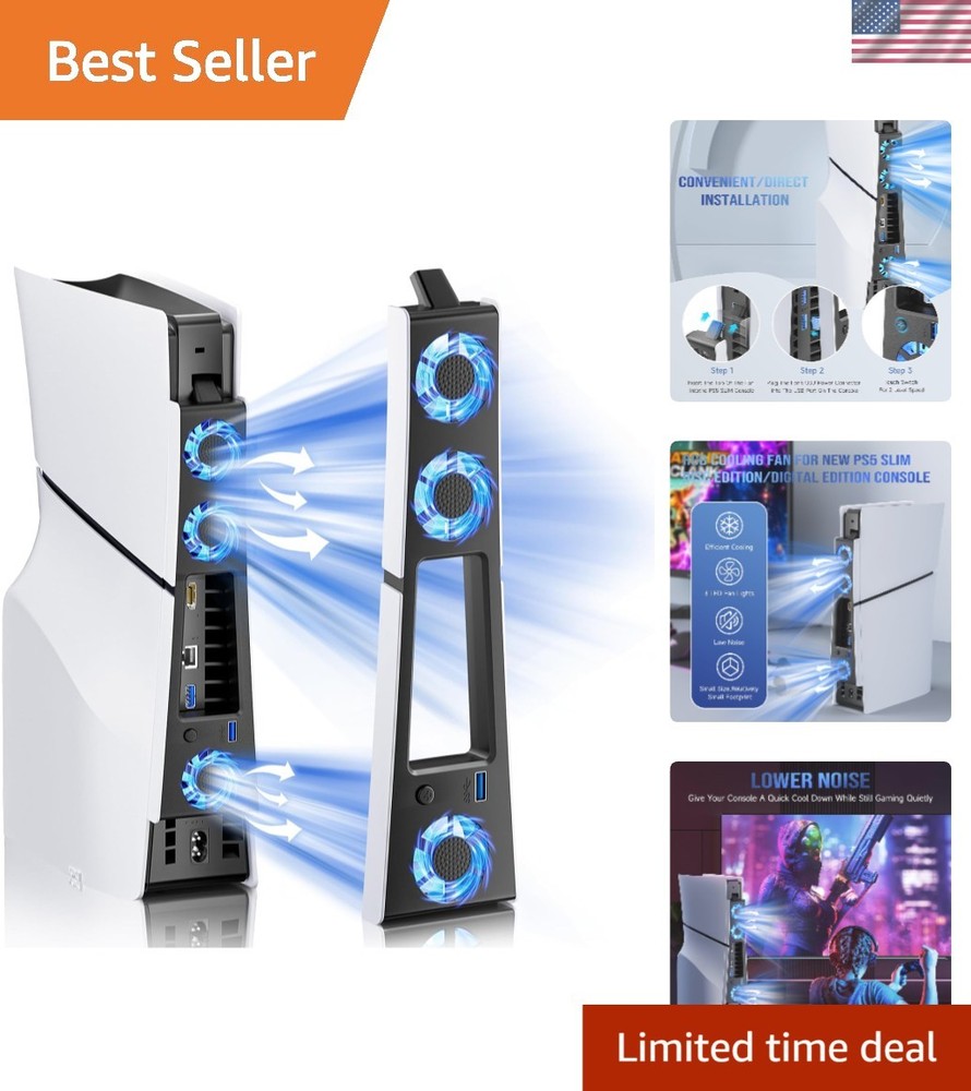 Whisper-Quiet PS5 Slim Cooling System with Enhanced Airflow & LED Indicator