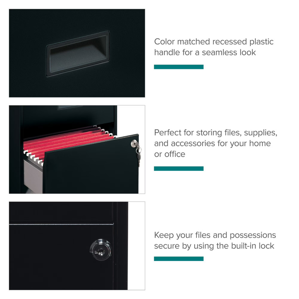 18" Deep 2 Drawer Letter Width Vertical File Cabinet, Secure Locking, Black