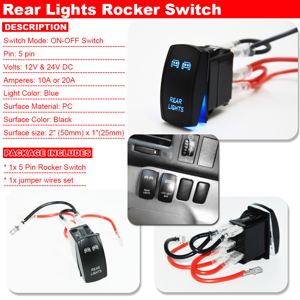 12V 20A Bar 5P Push Rocker Toggle Switch Blue LED Light Waterproof Motorcycle